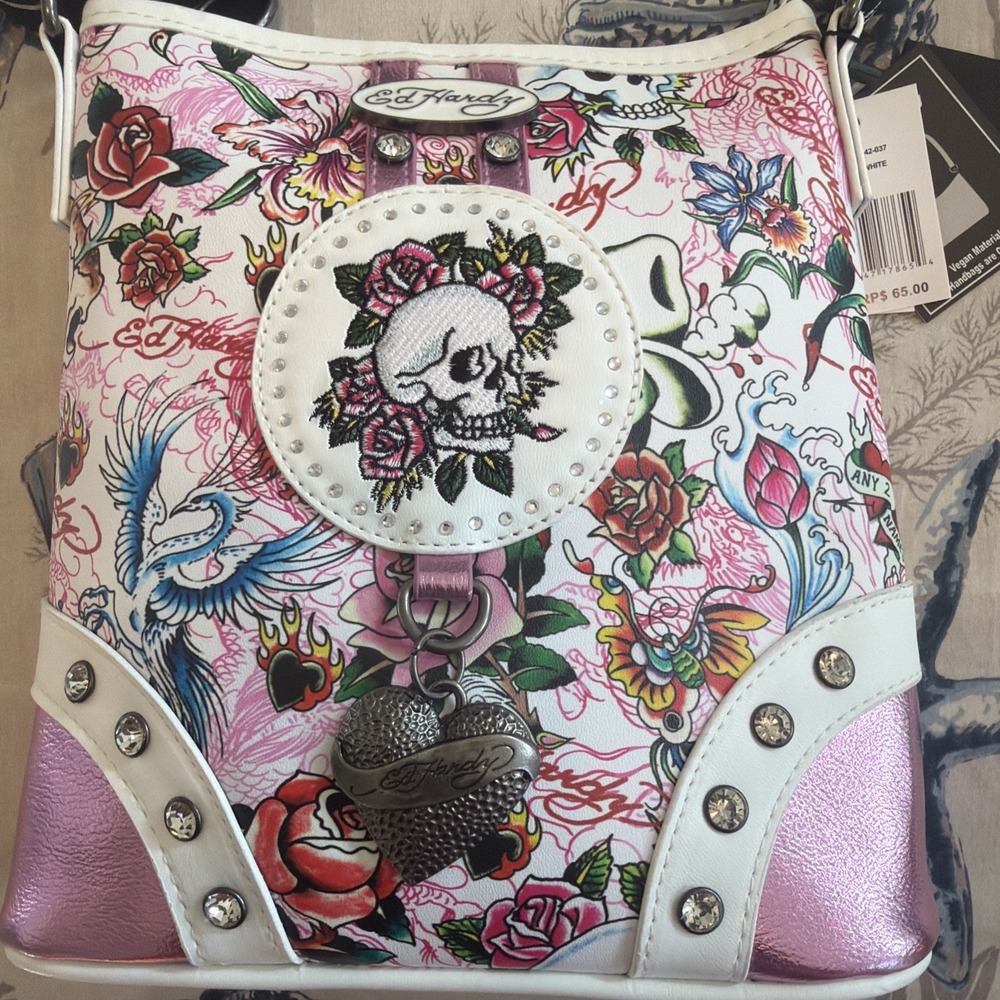 NWT Ed Hardy Y2K Style Pink Skull & Rhinestone Crossbody Bag Vegan‎ Leather - Picture 4 of 8